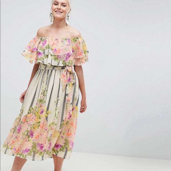 ASOS Curve Dresses & Skirts - Asos Curve off shoulder stripe floral midi dress